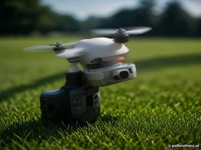 A beginner quadcopter drone maintaining a low hover over a green lawn.