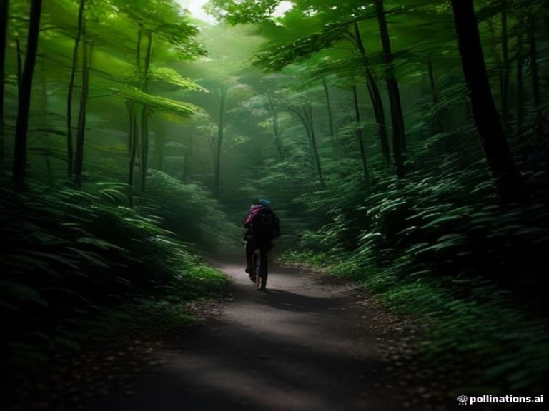 A GPS quadcopter flying along an outdoor nature path.